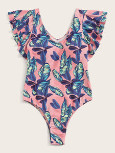 Ba&ntilde;ador una pieza ribete fruncido con estampado de palma    Caribe Beachwear