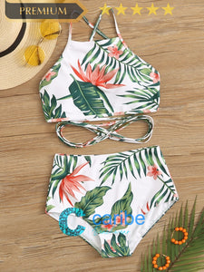 👙Bikini de cintura alta top tropical con tiras cruzadas  XL  Caribe Beachwear