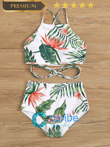 👙Bikini de cintura alta top tropical con tiras cruzadas    Caribe Beachwear