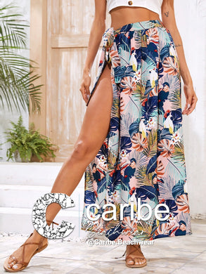 Falda cover up con estampado tropical con cordón lateral con abertura  XL  Caribe Beachwear