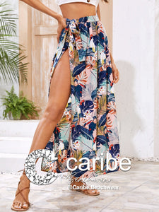 Falda cover up con estampado tropical con cord&oacute;n lateral con abertura    Caribe Beachwear