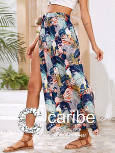 Falda cover up con estampado tropical con cord&oacute;n lateral con abertura    Caribe Beachwear