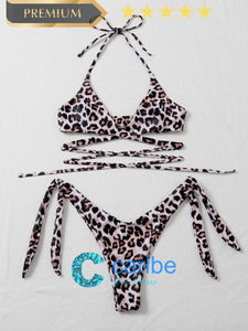 👙Bikini con cord&oacute;n lateral halter cruzado de leopardo    Caribe Beachwear