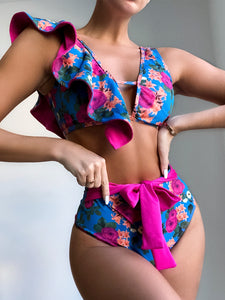 👙Bikini de cintura alta fruncido floral  L  Caribe Beachwear
