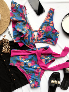 👙Bikini de cintura alta fruncido floral    Caribe Beachwear