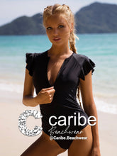 Cargar imagen en el visor de la galería, Bikini ba&ntilde;ador una pieza fruncido con cremallera delantera  L / Negro  Caribe Beachwear