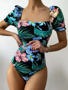Ba&ntilde;ador una pieza floral tropical  L  Caribe Beachwear