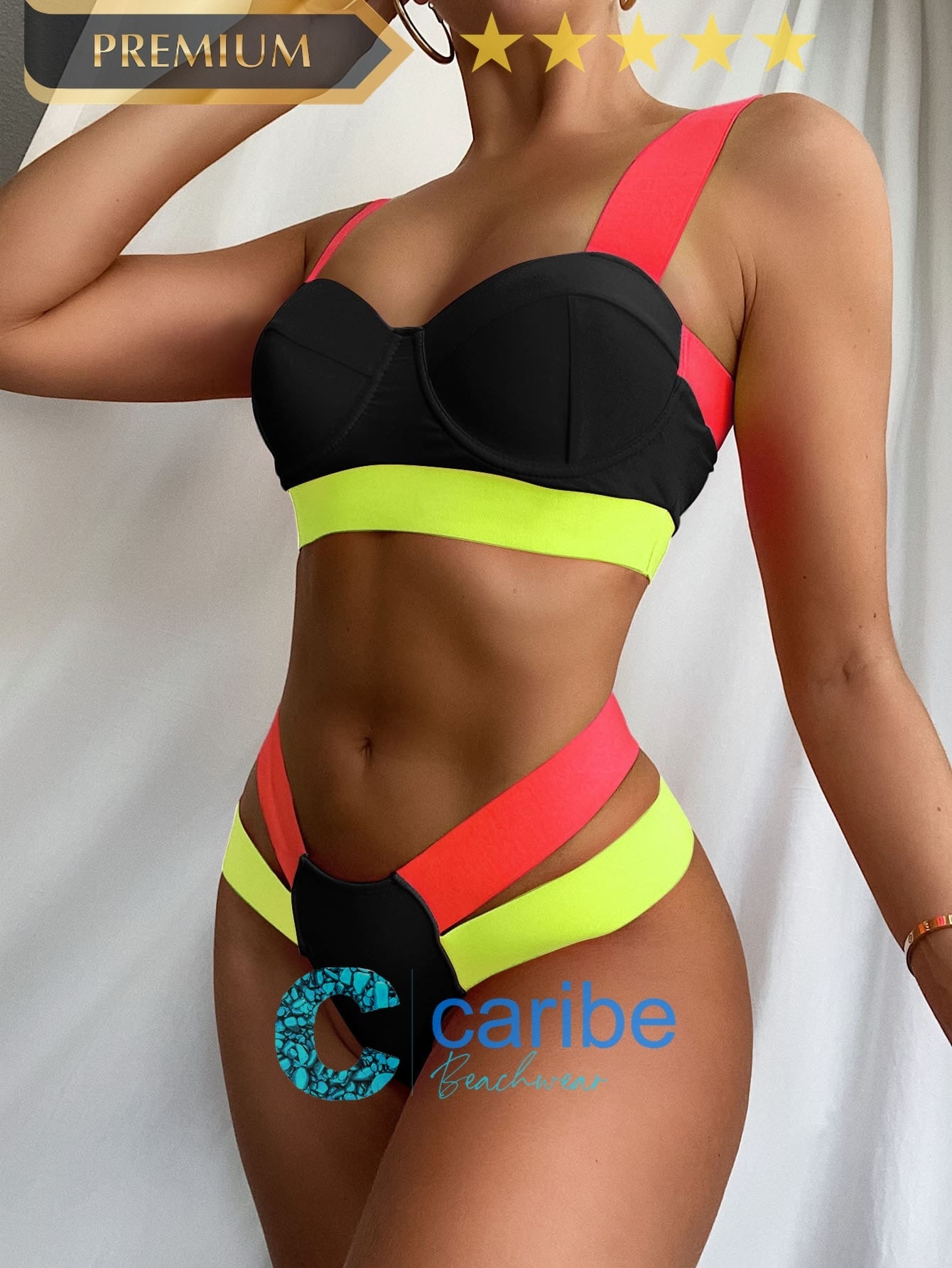 👙Bikini de color combinado  L / Negro  Caribe Beachwear