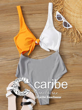Cargar imagen en el visor de la galería, Ba&ntilde;ador una pieza con abertura con cord&oacute;n delantero de color combinado    Caribe Beachwear