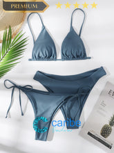 Cargar imagen en el visor de la galería, 👙Bikini tanga con cord&oacute;n lateral tri&aacute;ngulo  (3 Piezas)  L / Neblina azul  Caribe Beachwear