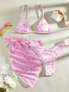 👙Bikini tri&aacute;ngulo floral con falda playera  (3 Piezas)  L / Beb&eacute; Rosa  Caribe Beachwear