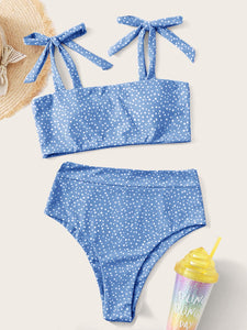 👙Bikini de hombros con cord&oacute;n de lunares  L / azul bebe  Caribe Beachwear