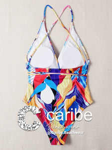 Ba&ntilde;ador una pieza de cuello profundo con estampado    Caribe Beachwear