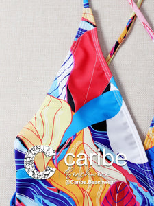 Ba&ntilde;ador una pieza de cuello profundo con estampado    Caribe Beachwear