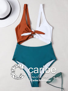 Ba&ntilde;ador una pieza con abertura con cord&oacute;n delantero de color combinado    Caribe Beachwear