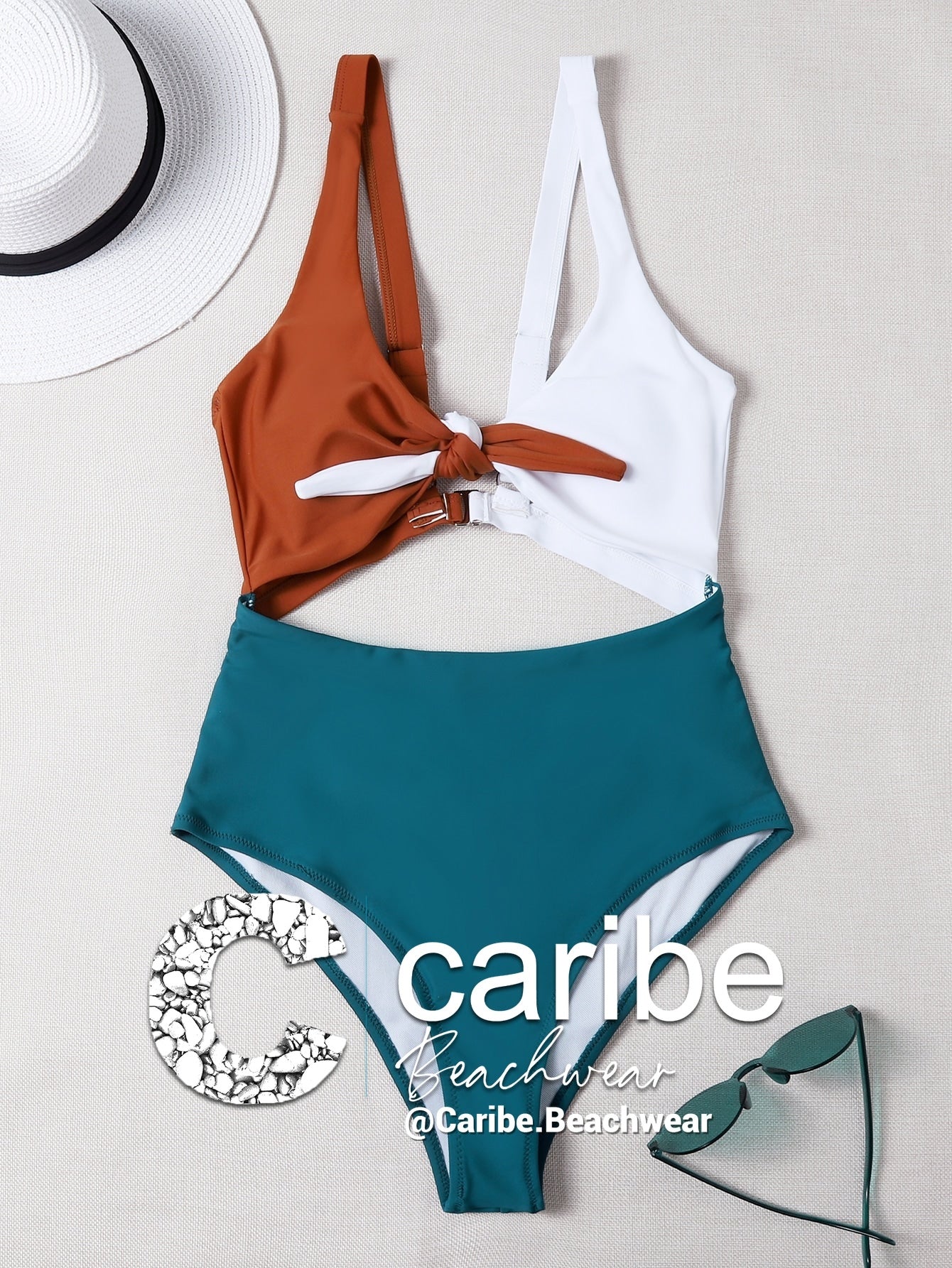 Bañador una pieza con abertura con cordón delantero de color combinado    Caribe Beachwear