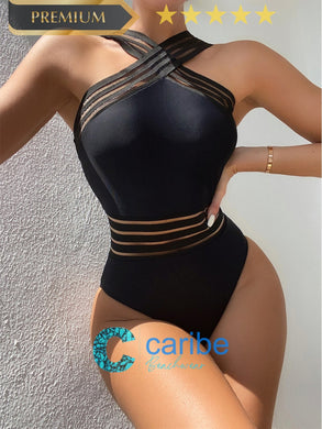 Bañador una pieza con tira cruzada con malla en contraste  XL  Caribe Beachwear