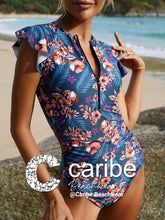 Cargar imagen en el visor de la galería, Bikini ba&ntilde;ador una pieza fruncido con cremallera delantera  L / Azul  Caribe Beachwear