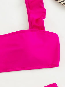 👙Bikini de Cintura Alta Fruncido Pink Ne&oacute;n    Caribe Beachwear