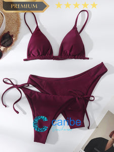 👙Bikini tanga con cord&oacute;n lateral tri&aacute;ngulo  (3 Piezas)  L / Rojo violeta  Caribe Beachwear