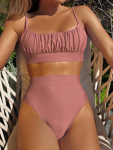 👙Bikini de cintura alta fruncido  L / Rosa vieja  Caribe Beachwear