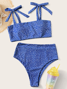 👙Bikini de hombros con cord&oacute;n de lunares  L / Azul y blanco  Caribe Beachwear