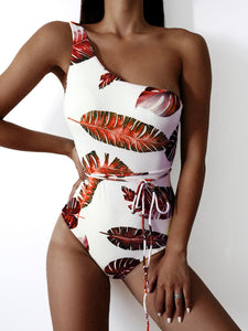 Ba&ntilde;ador una pieza con un hombro tropical  L / Multicolor  Caribe Beachwear